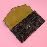 VINTAGE 70s WINE RED CROCODILE LEATHER GLAM CLUTCH BAG