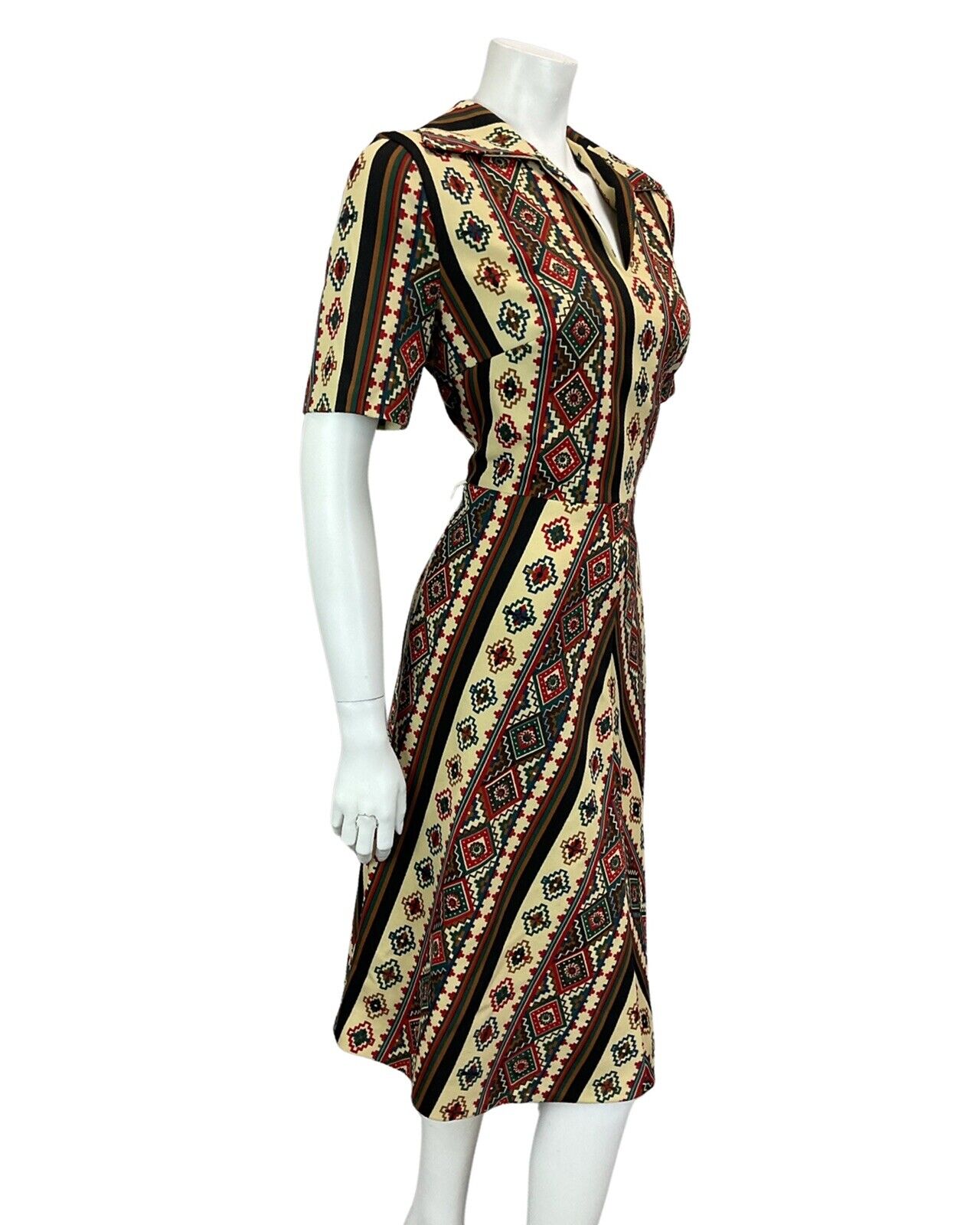 VINTAGE 60s 70s TAN BROWN RED AZTEC FOLK A LINE MIDI DRESS 14