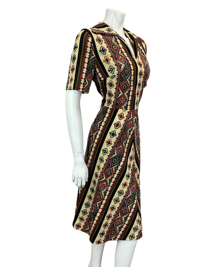 VINTAGE 60s 70s TAN BROWN RED AZTEC FOLK A LINE MIDI DRESS 14