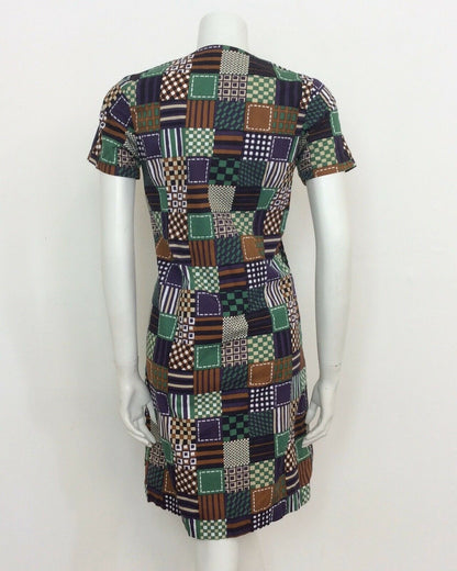 VINTAGE 60S NAVY GREEN WHITE BROWN CHECKERED COTTON MINI DRESS 12