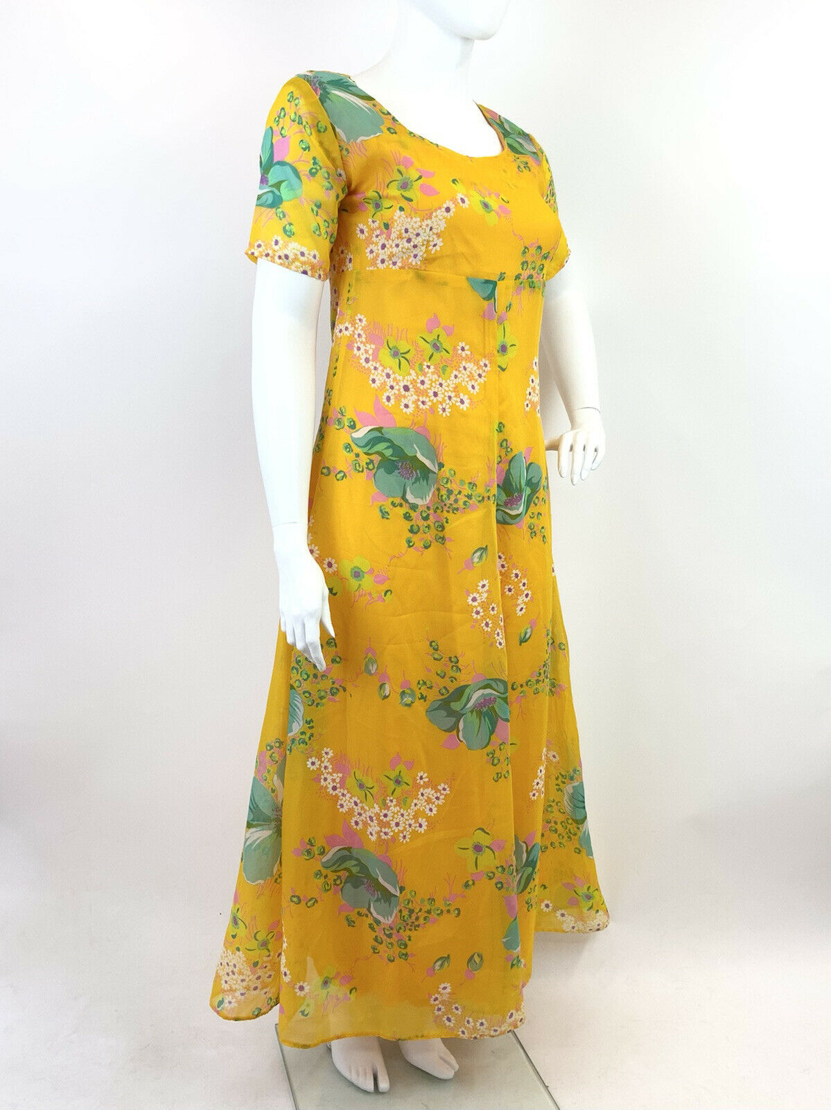 VINTAGE 60s 70s YELLOW PINK GREEN FLORAL DAISY SHEER FLOATY MAXI DRESS 16 18