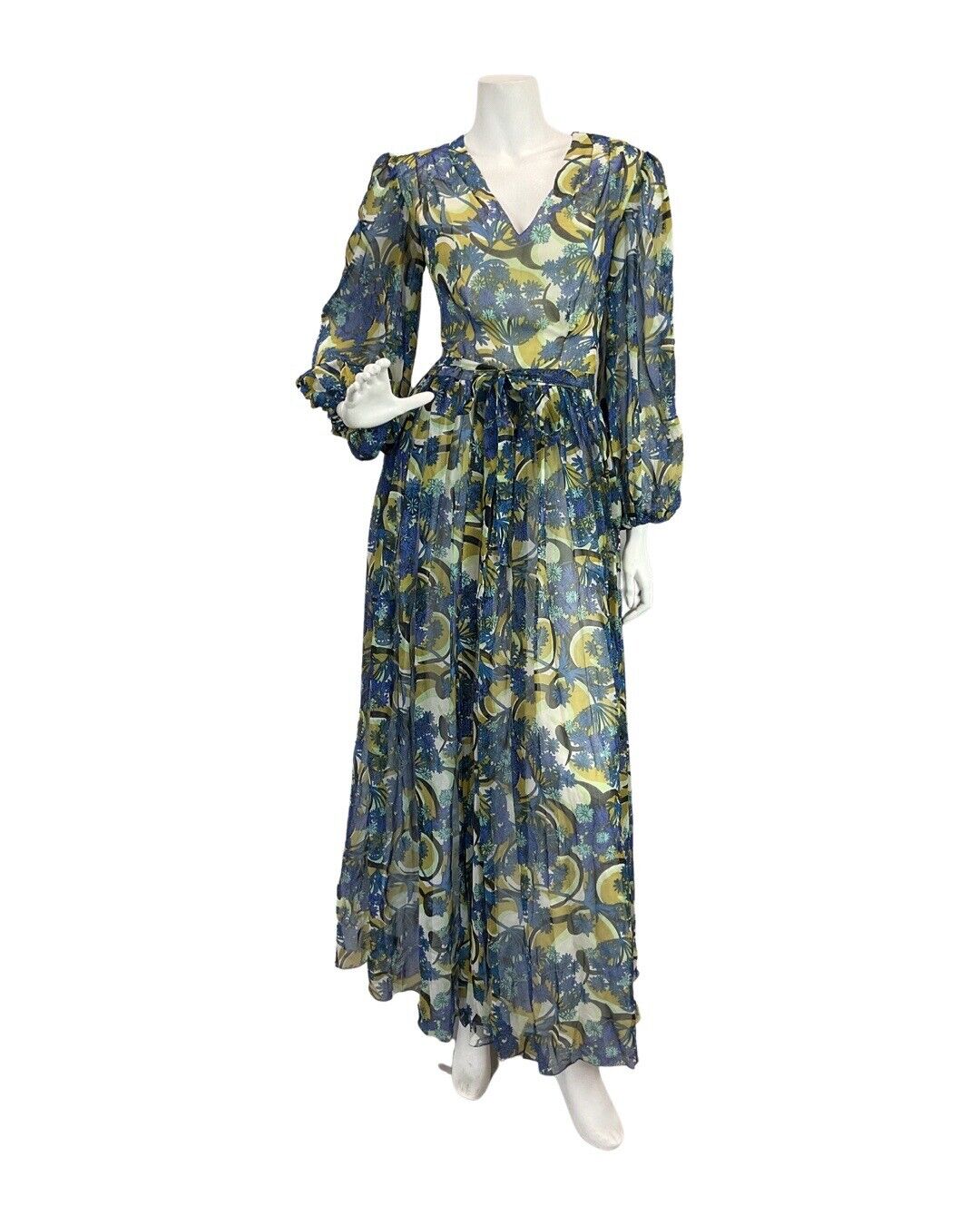 VINTAGE 60s 70s BLUE GREEN GOLD PSYCHEDELIC FLORAL SWIRL SHEER MAXI DRESS 8 10