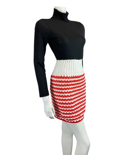 VINTAGE 60s RED WHITE STRIPED KNITTED MOD KITSCH BODYCON SKIRT 8 10