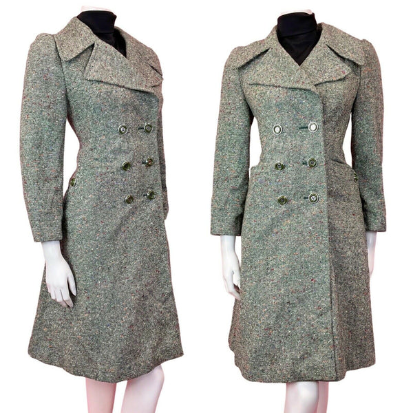 VINTAGE 60s 70s GREEN WHITE ORANGE TWEED DOUBLE-BREASTED MOD PRINCESS COAT 8 10