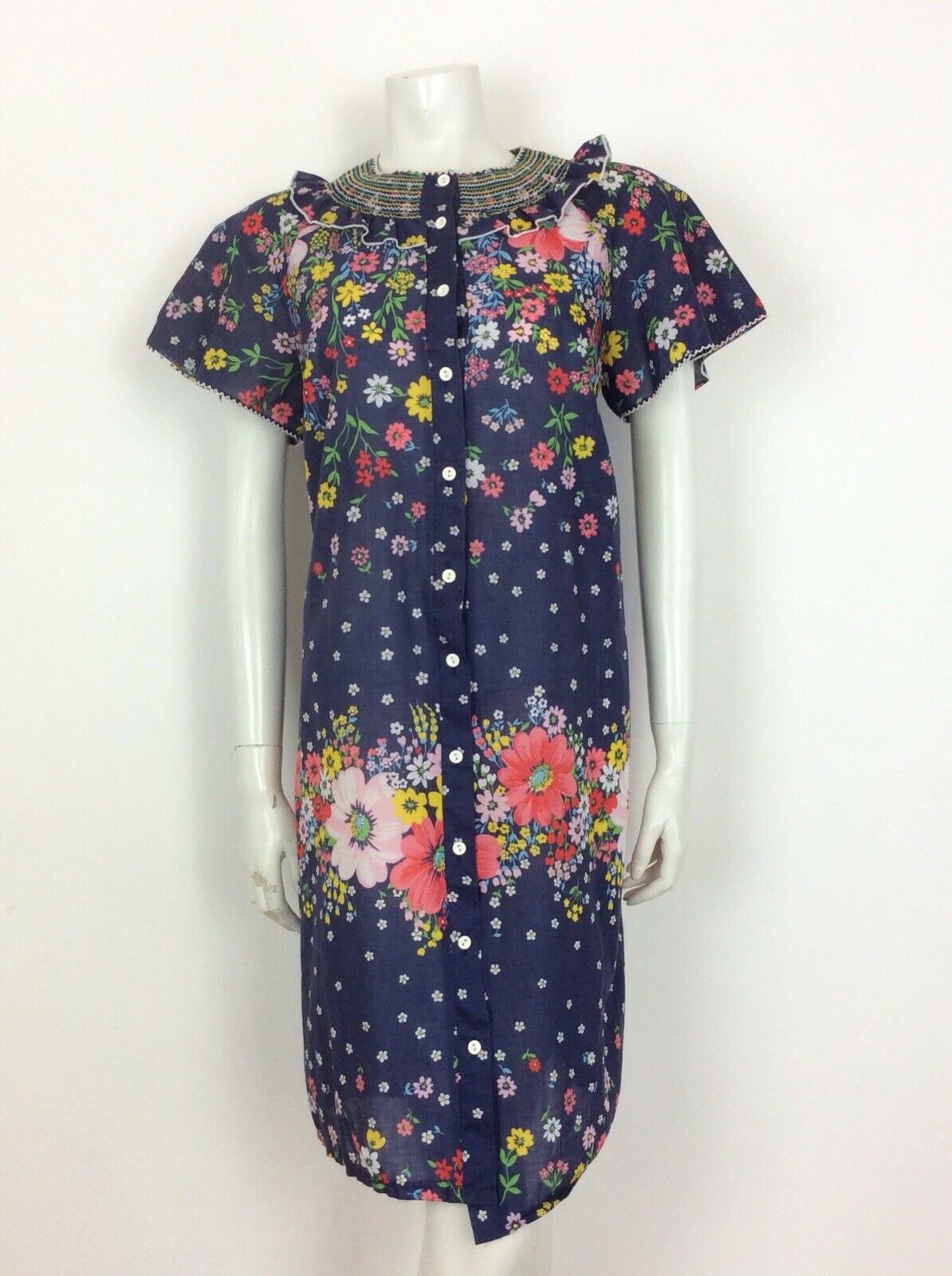 BEAUTIFUL VTG 60S 70S BLUE FLORAL COTTON SHIRRED DRESS 12 14