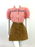 VTG 60s 70s RED WHITE BLUE GINGHAM FLORAL PUFF SLEEVE WESTERN MOD BLOUSE 14 16