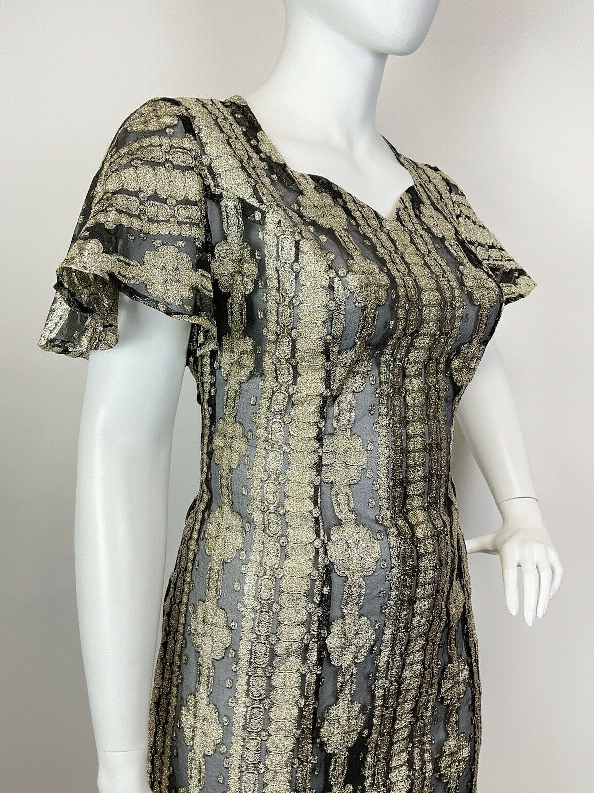 VTG 60s 70s GOLD BLACK LUREX STRIPED FLORAL BELL SLEEVE GLAM MAXI DRESS 20 22