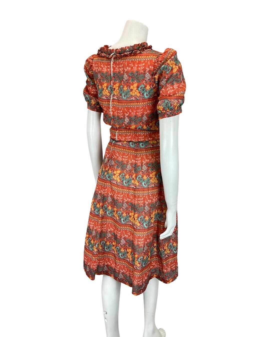 VINTAGE 60s 70s RED YELLOW GREEN GARDEN FLORAL RUFFLED MOD SHORT SLEEVE DRESS 12