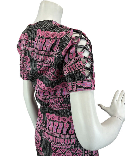 VINTAGE 60s 70s BLACK PINK SILVER ABSTRACT PRINT DISCO PARTY MAXI DRESS 14 16