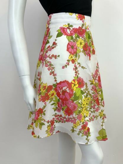 VINTAGE 60s 70s WHITE PINK GREEN RED FLORAL SHEER FLOATY CIRCLE SKIRT 6 8