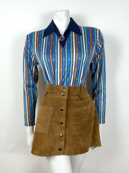 VTG 60s 70s BLUE BRONZE WHITE STRIPED EQUESTRIAN BELT DAGGER SHIRT BLOUSE 10 12