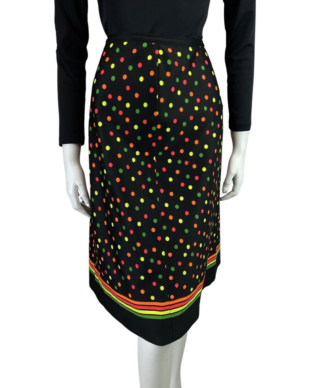 VINTAGE 60s 70s BLACK NEON GREEN ORANGE DOTTY SPOTTED MOD MIDI SKIRT 8