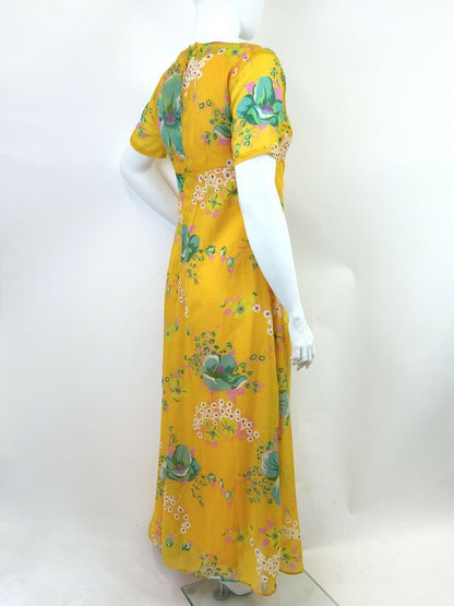 VINTAGE 60s 70s YELLOW PINK GREEN FLORAL DAISY SHEER FLOATY MAXI DRESS 16 18