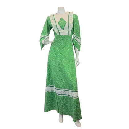 VINTAGE 60s 70s APPLE GREEN WHITE FLORAL DITSY LACE BOHO PRAIRIE MAXI DRESS 8 10