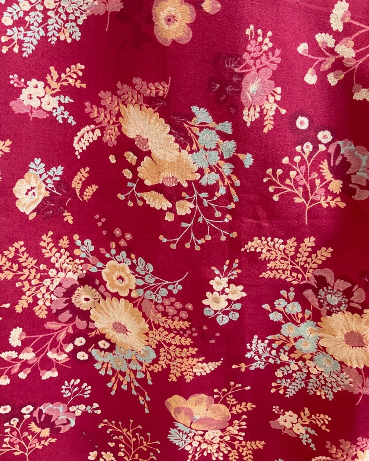 VINTAGE 60s 70s WINE RED CREAM BLUE FLORAL BOUQUET FLOATY MAXI DRESS 10