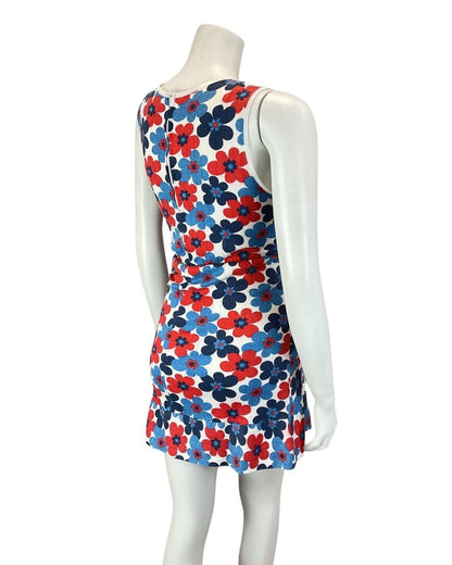 VINTAGE 60s 70s BLUE RED WHITE DAISY FLOWER POWER MOD SLEEVELESS SHORT DRESS 10