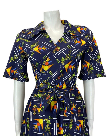 VINTAGE 60s 70s BLUE YELLOW GREEN GEOMETRIC FLOWER DAGGER COLLAR SHORT DRESS 10