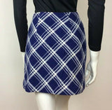 BLUE WHITE CHECK WOOL MINI SKIRT BUTTON FRONT 60S 70S TRUE VINTAGE SZ 8