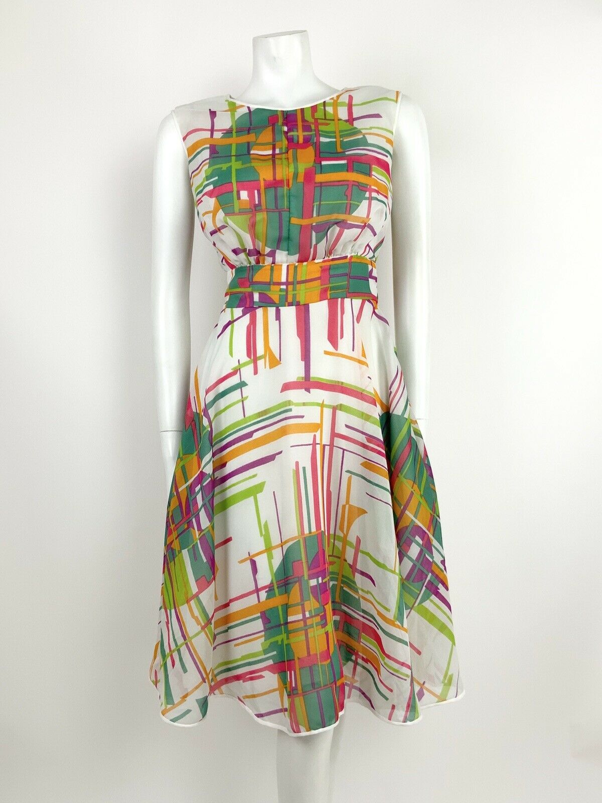 VINTAGE 60s 70s WHITE GREEN PINK ORANGE GEOMETRIC ABSTRACT BLOUSON DRESS 10