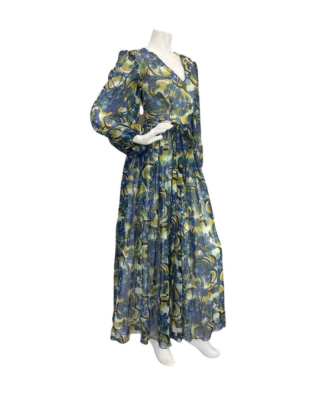 VINTAGE 60s 70s BLUE GREEN GOLD PSYCHEDELIC FLORAL SWIRL SHEER MAXI DRESS 8 10