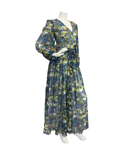 VINTAGE 60s 70s BLUE GREEN GOLD PSYCHEDELIC FLORAL SWIRL SHEER MAXI DRESS 8 10