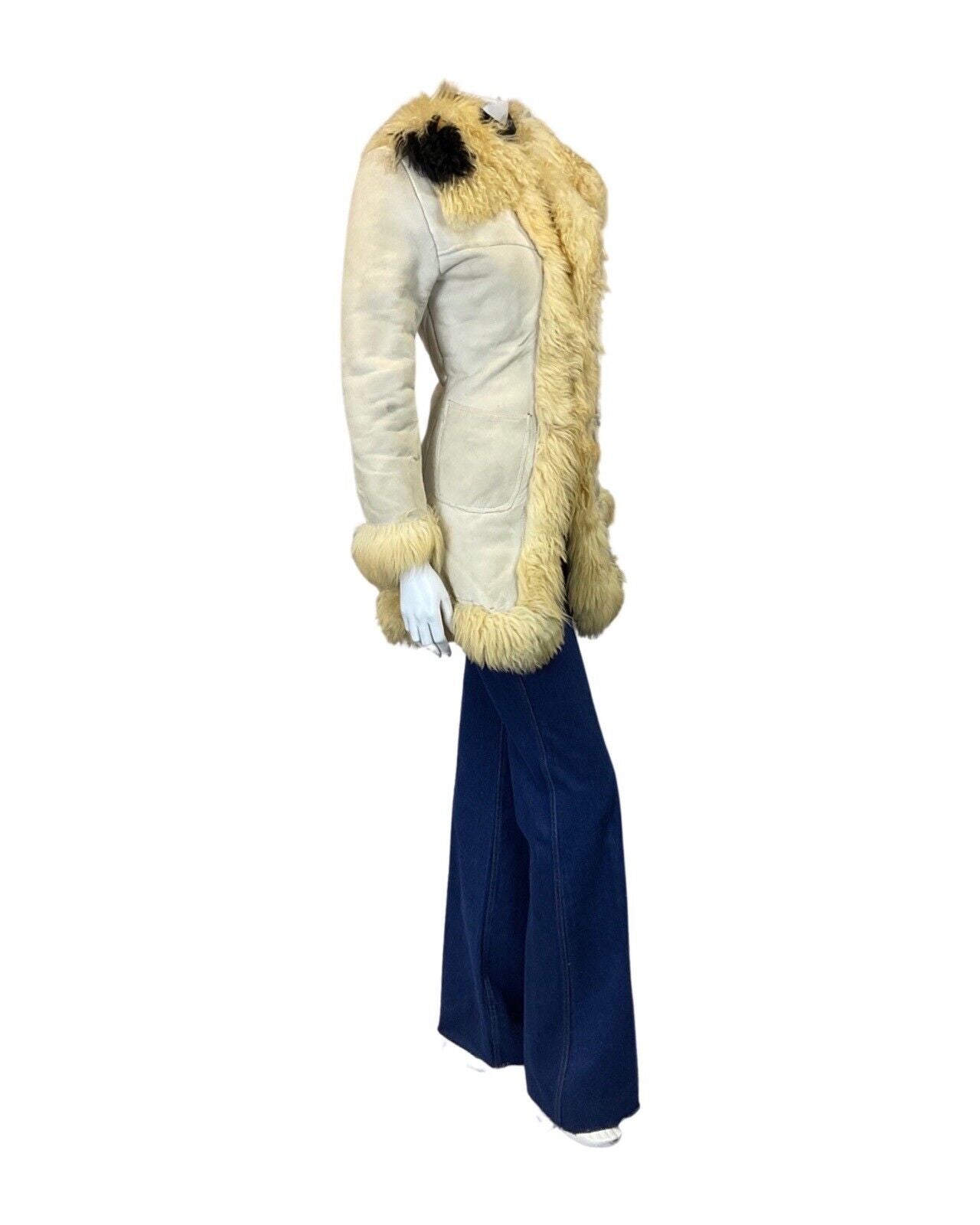 VINTAGE 60s 70s CREAM WHITE MOD BOHO PENNY LANE SUEDE SHEARLING COAT 6 8