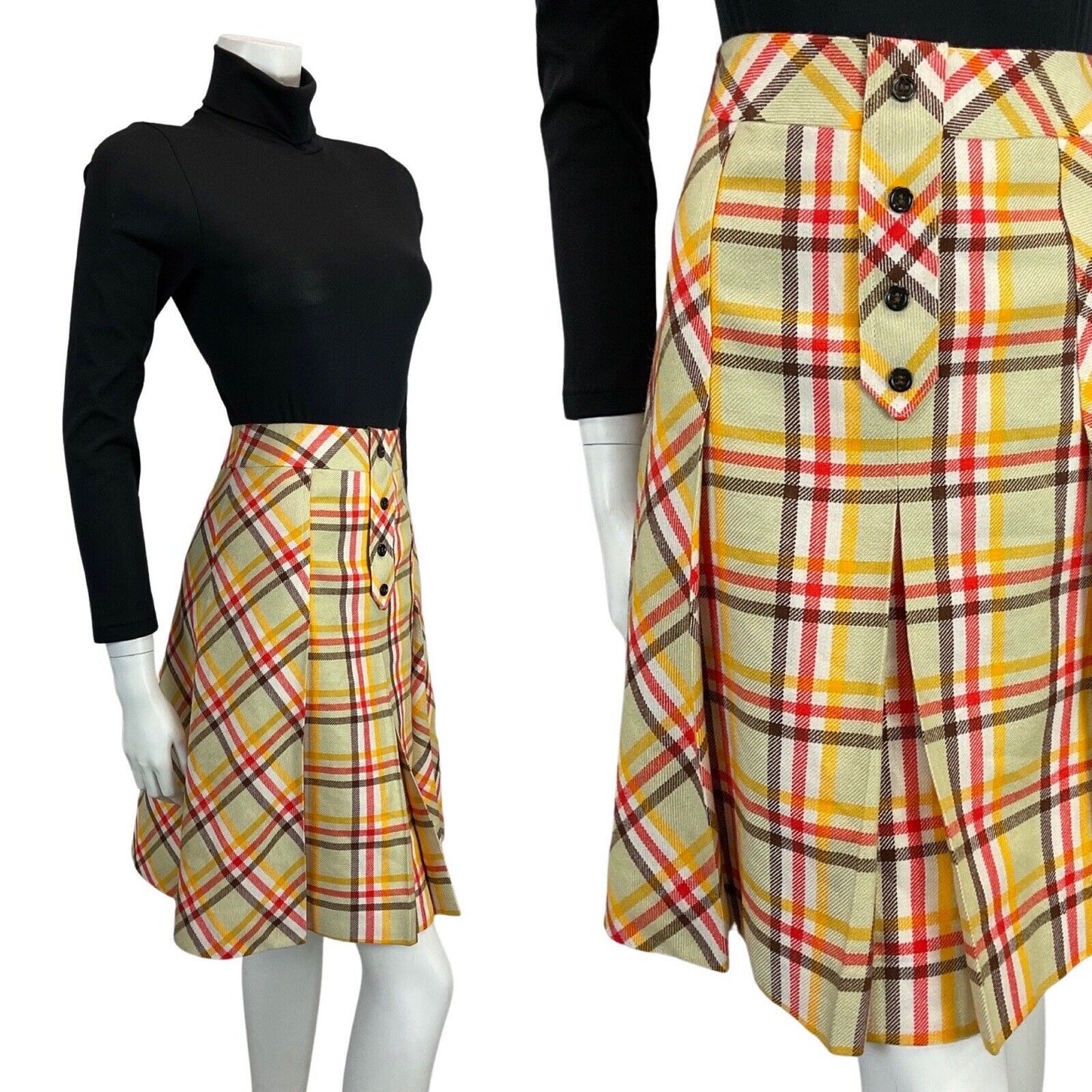 VINTAGE 60s 70s LIGHT SAGE GREEN RED BROWN YELLOW CHECKED PRINT MOD MINI SKIRT 6