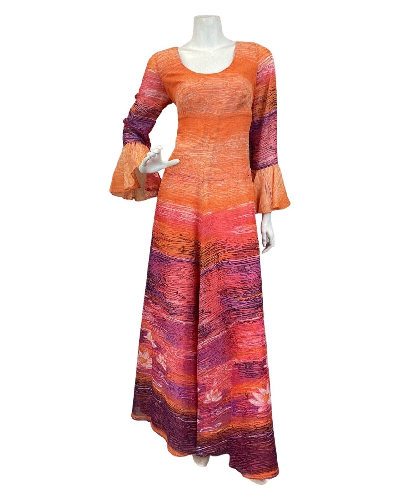 VINTAGE 60s 70s ORANGE PURPLE PINK STRIPED WATERLILY MAXI DRESS 12 14