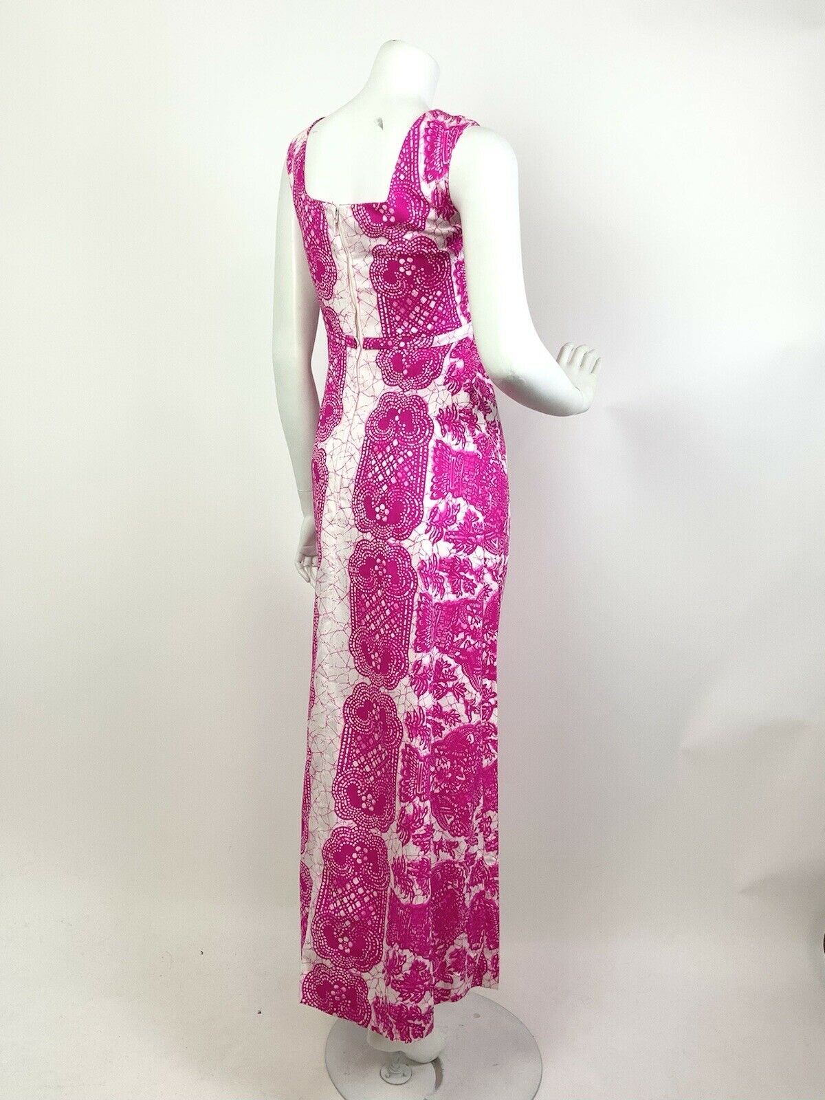 VINTAGE 60s 70s PINK WHITE FLORAL LACE HAWAIIAN PSYCHEDELIC COTTON MAXI DRESS 8