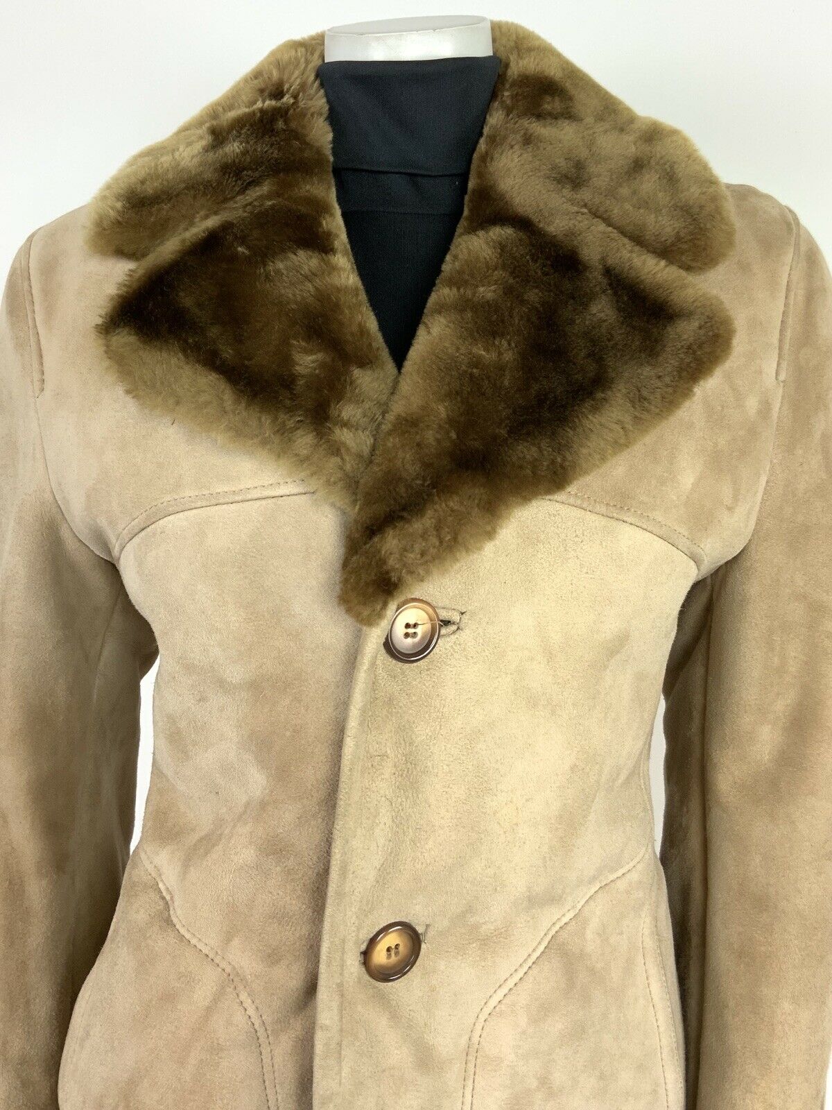 VTG 60s 70s BEIGE BROWN SUEDE LEATHER FUR TRIM SHEARLING HIPPY BOHO COAT 10 12