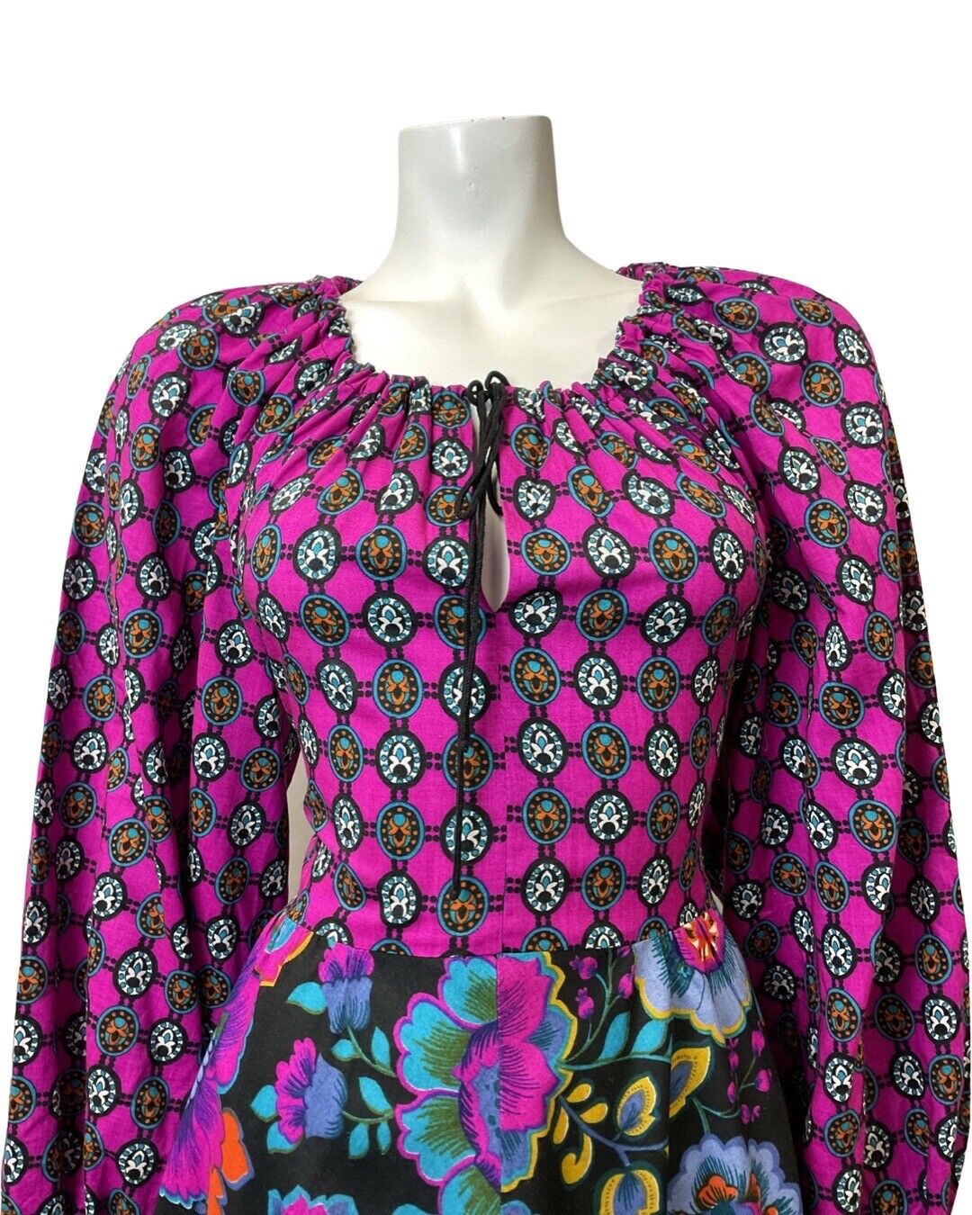 VINTAGE 60s 70s PURPLE BLACK BLUE PSYCHEDELIC FLORAL BOHO PRAIRIE MIDI DRESS 12