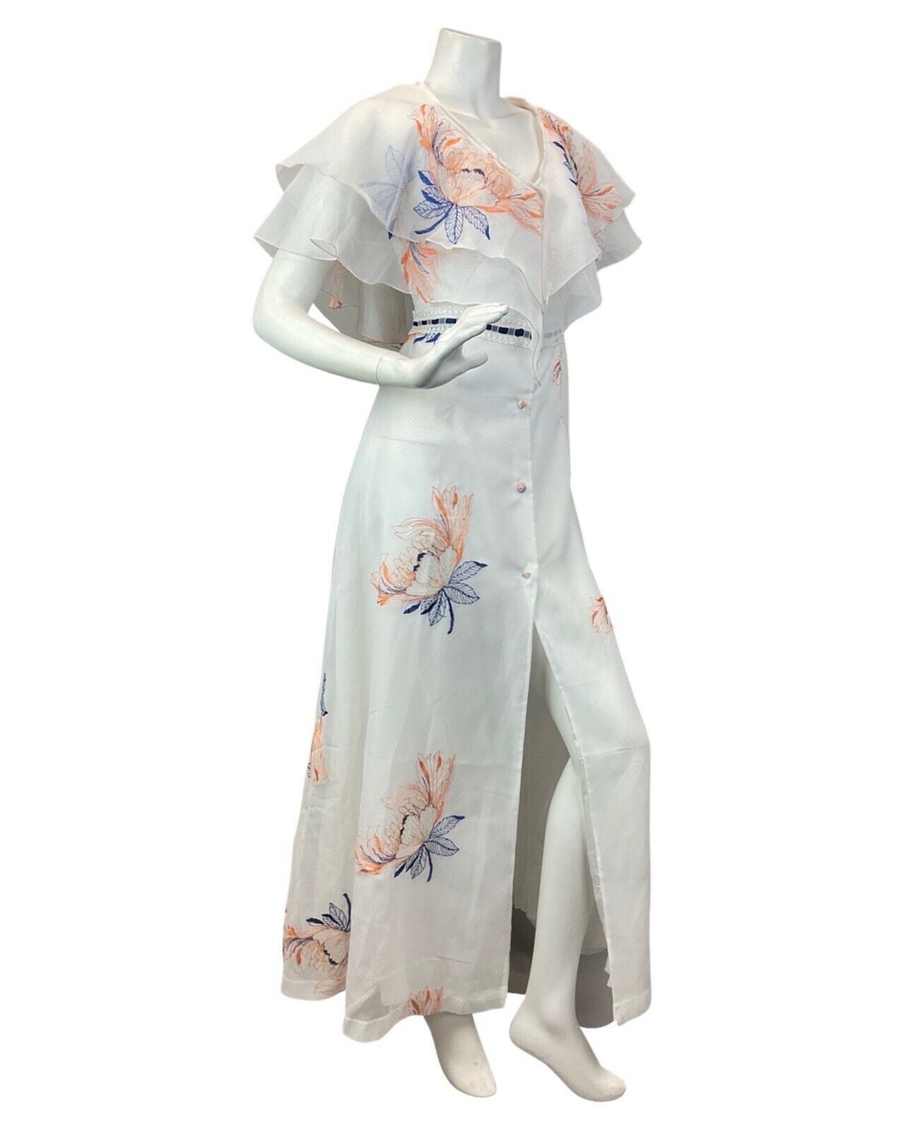 VINTAGE 60s 70s WHITE BLUE ORANGE FLORAL LEAFY EMBROIDERED BOHO MAXI DRESS 12