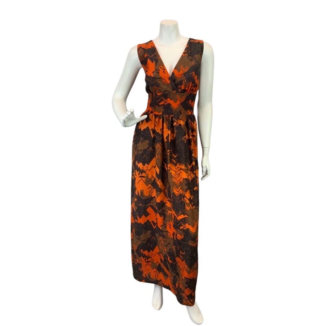 VINTAGE 60s 70s ORANGE BROWN BLACK ABSTRACT GEOMETRIC SLEEVELESS MAXI DRESS 10