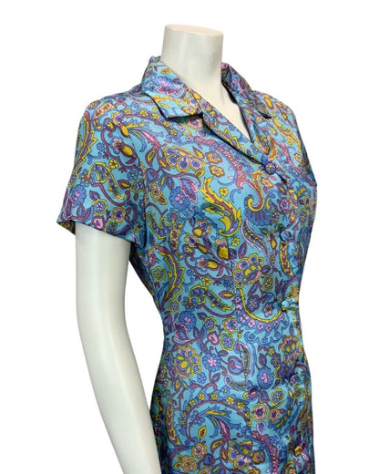 VINTAGE 60s 70s BLUE YELLOW PINK PURPLE PAISLEY PSYCHEDELIC MIDI PRINT DRESS 14