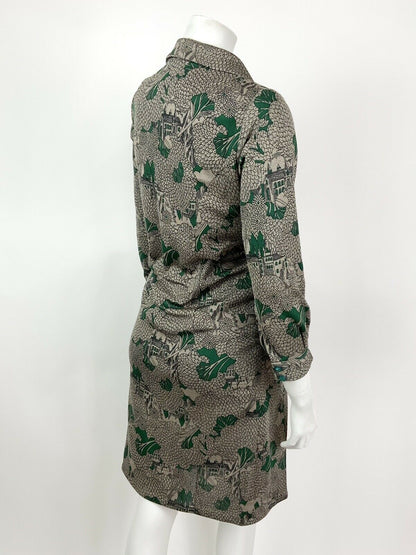 VINTAGE 60s 70s BROWN GREEN BLACK LEAF TREE CHURCH SHIRT DRESS 12