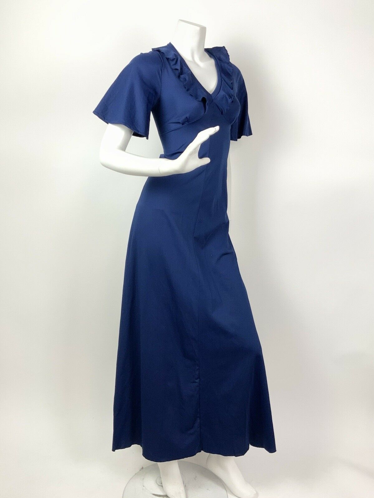 VINTAGE 60s 70s ROYAL BLUE RUFFLE COLLAR CAPE SLEEVE MAXI DRESS 8 10