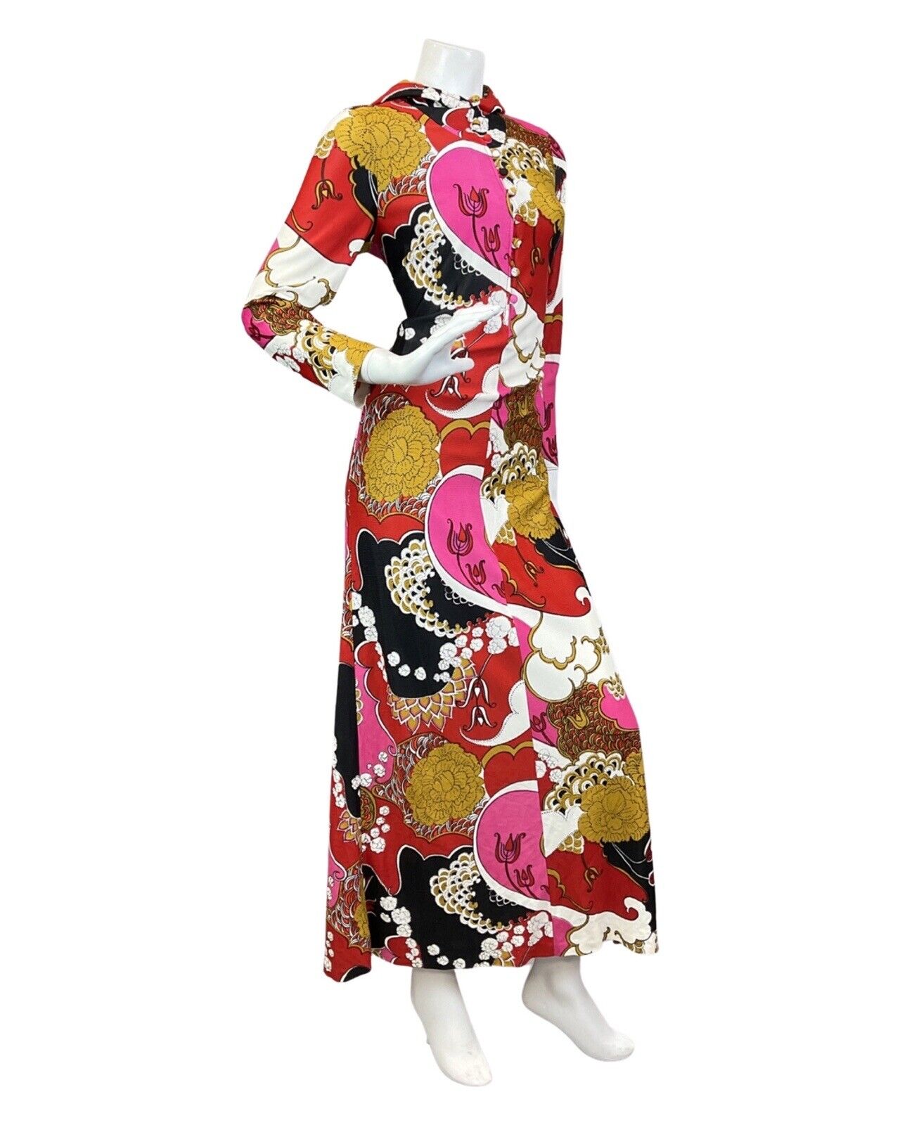 VINTAGE 60s 70s RED BLACK GOLD PSYCHEDELIC FLORAL HOODED MAXI DRESS 10