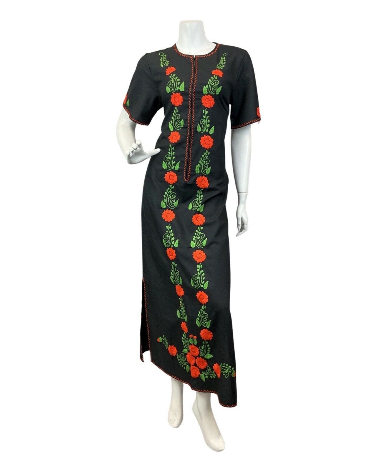 VINTAGE 60s 70s BLACK ORANGE GREEN FLORAL EMBROIDERED BOHO FOLK MAXI DRESS 10