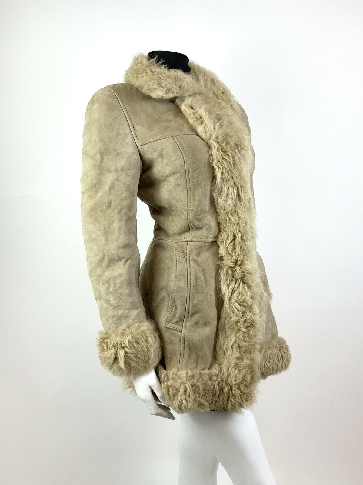 VTG 60s 70s CREAM IVORY SUEDE LEATHER SHEARLING BOHO FOLK PENNY LANE COAT 12 14