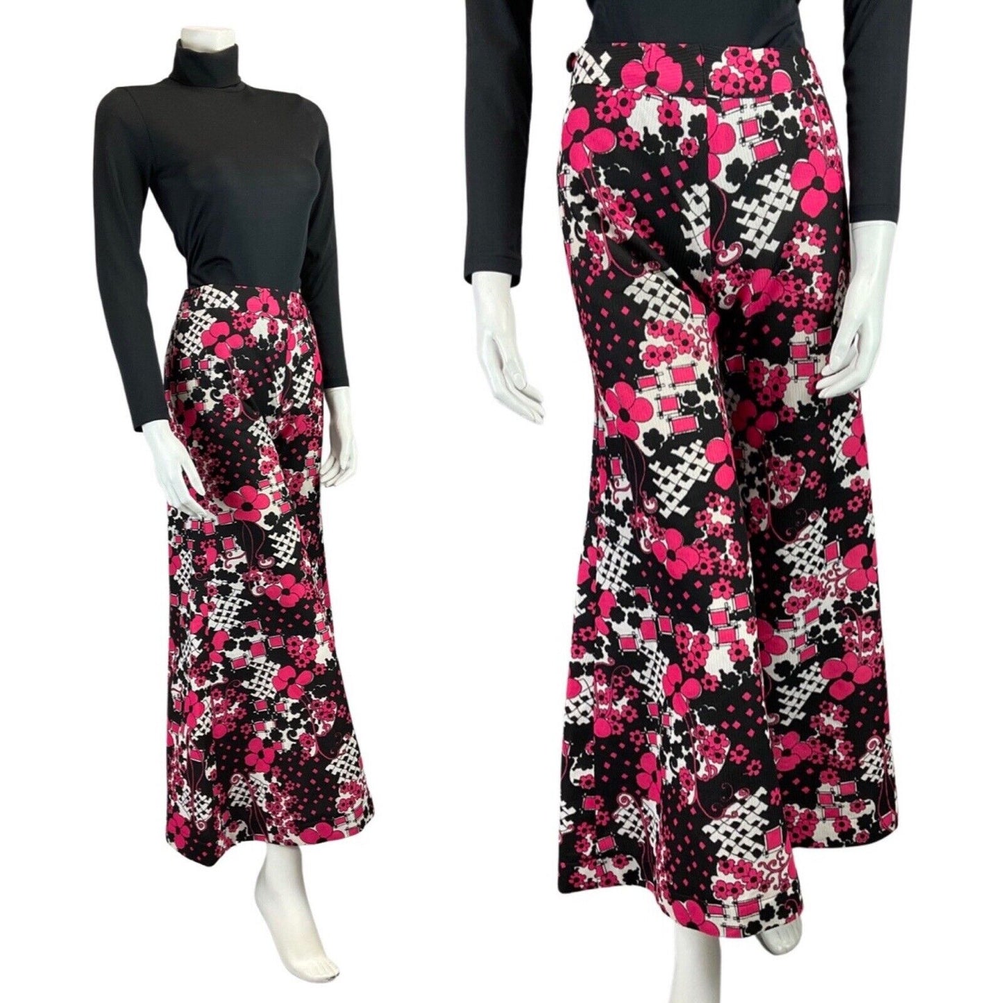 VINTAGE 60s 70s BLACK PINK PSYCHEDELIC FLORAL MOD CULOTTE FLARES 10 12