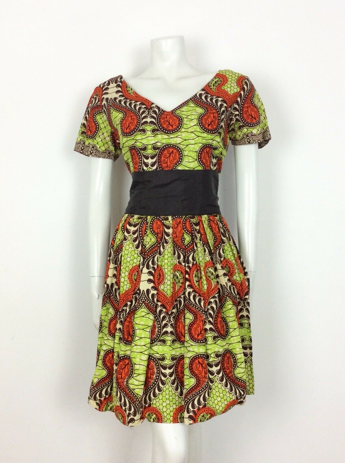 VINTAGE 60s 70s DRESS PSYCHEDELIC ANIMAL PRINT BATIK LIME GREEN ORANGE BLACK 14