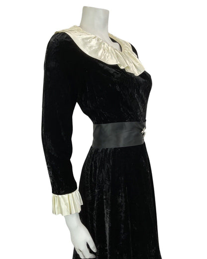 VTG 60s 70s BLACK VELVET CREAM EDWARDIAN MOD PARTY CHRISTMAS EVENING DRESS 8