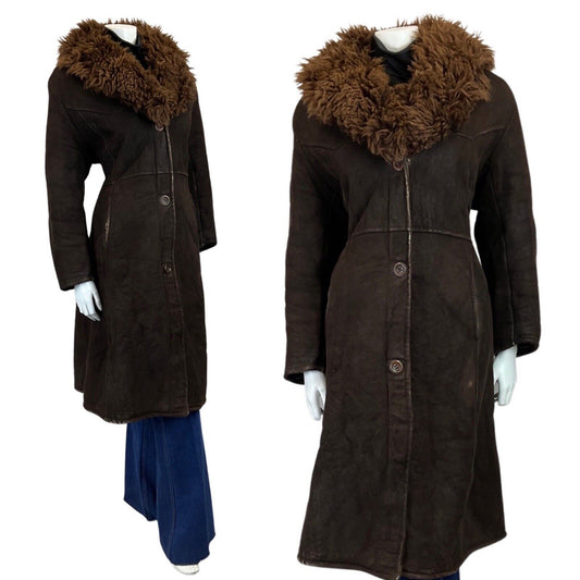 VINTAGE 60s 70s DARK BROWN SUEDE LEATHER LONG BOHO SHEARLING COAT 16