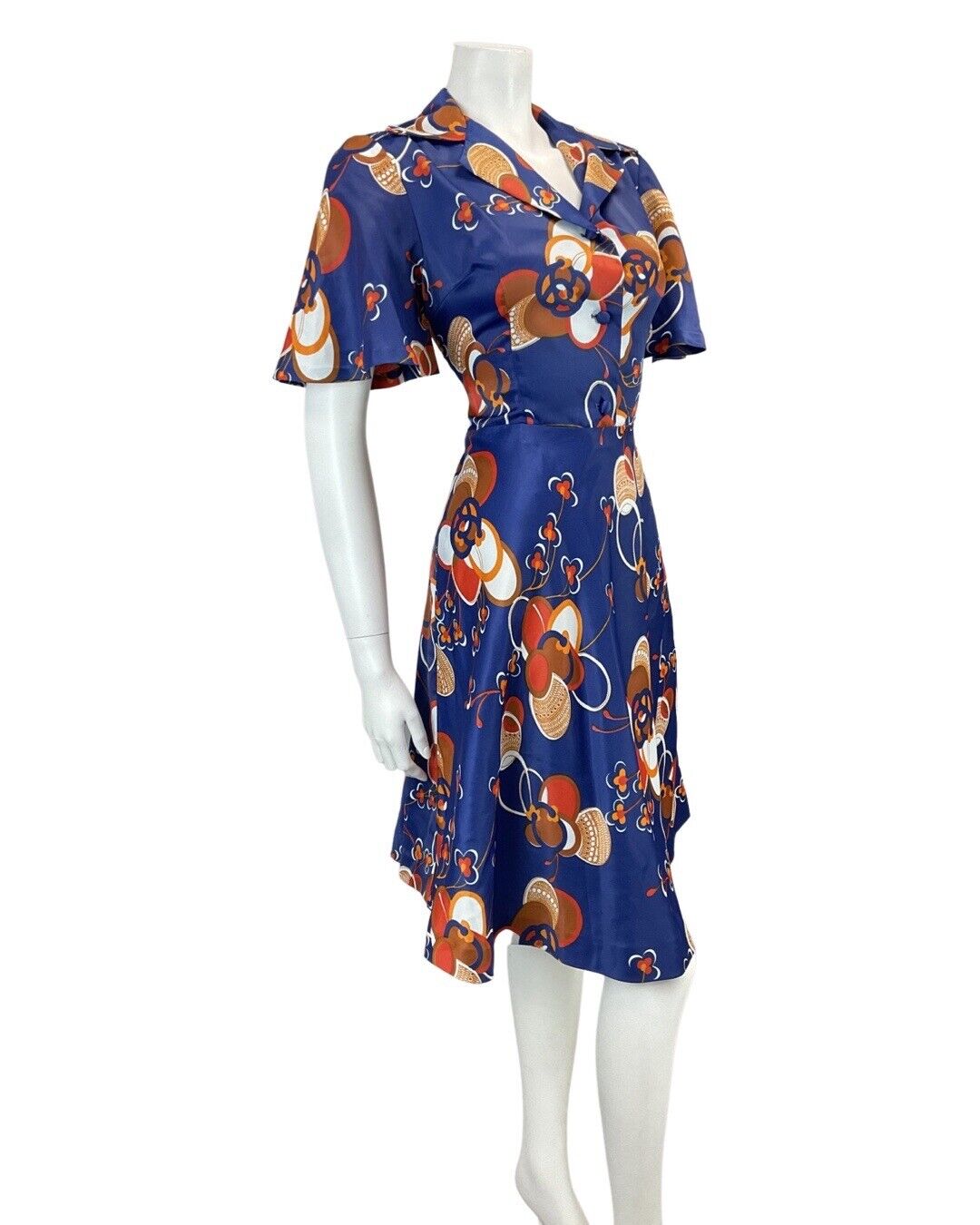 VINTAGE 60s 70s BLUE ORANGE RED ABSTRACT FLORAL MOD SWING SHIRT DRESS 8 10