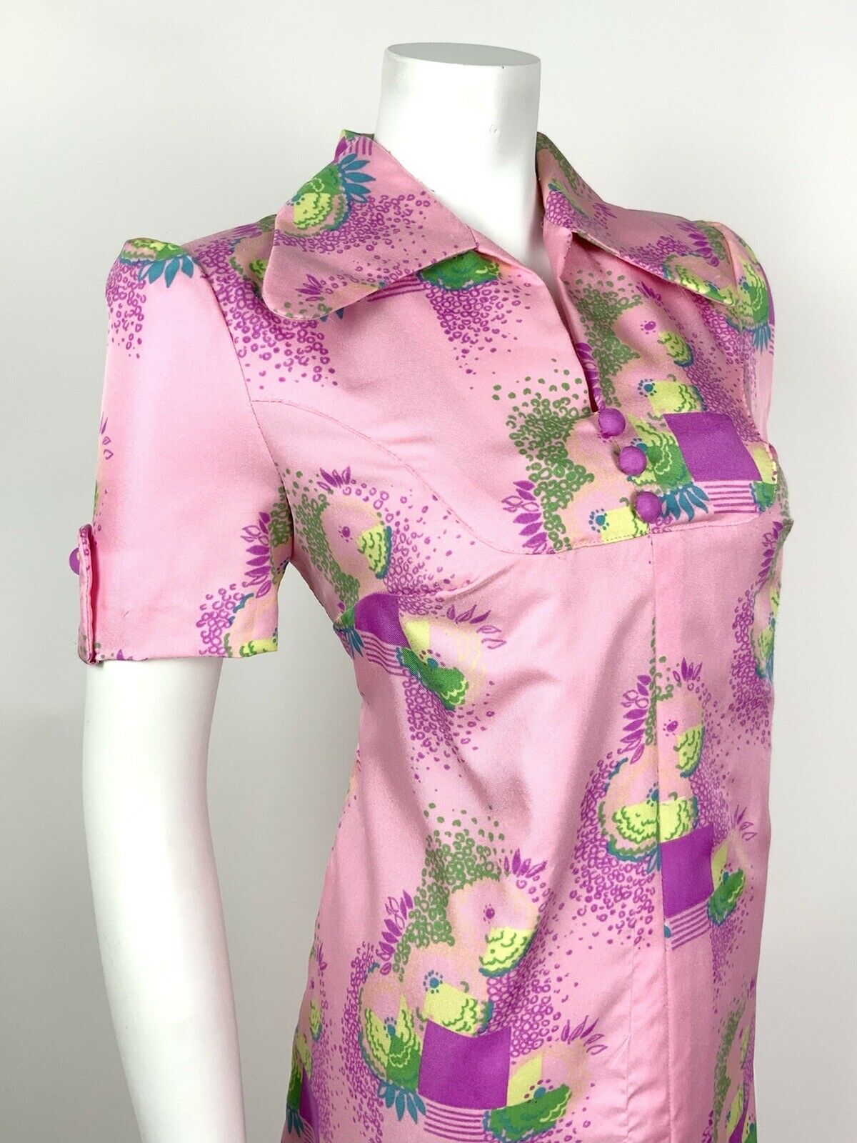 VTG 60s 70s PSYCHEDELIC PINK PURPLE BLUE GREEN SQUARE FLORAL SHIRT DRESS 12