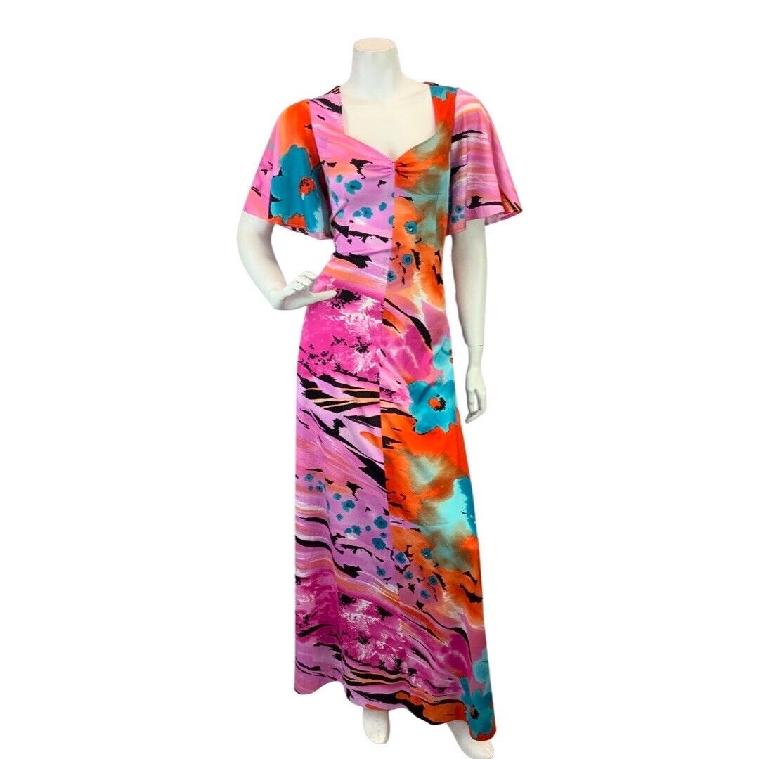 VINTAGE 60s 70s PINK ORANGE BLACK ABSTRACT FLORAL BEACH SUMMER MAXI DRESS 10