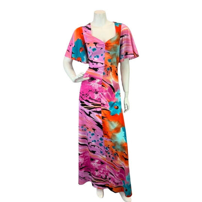 VINTAGE 60s 70s PINK ORANGE BLACK ABSTRACT FLORAL BEACH SUMMER MAXI DRESS 10