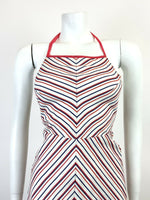 VINTAGE 60s 70s WHITE RED BLUE STRIPED MOD HALTER MINI DRESS 4 6