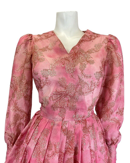 VINTAGE 60s 70s ROSE PINK RED FLORAL DITSY FLOATY SHEER MINI SWING DRESS 6