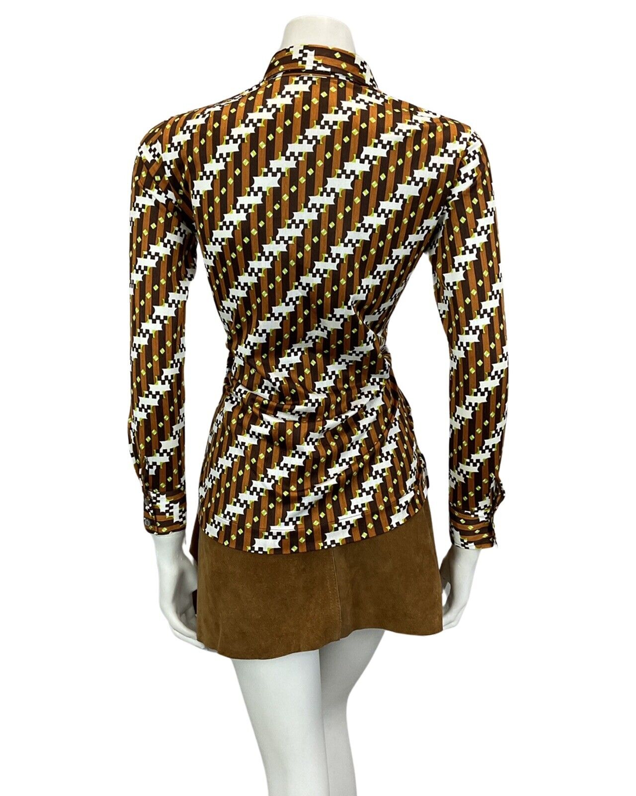 VINTAGE 60s 70s BROWN GREEN WHITE PSYCHEDELIC BOHO MOD SHIRT 10 12